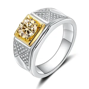 925 silver men's ring with champagne moissanite and gold accents on pavé band