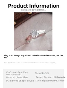 Detailed product specifications of a six-claw moissanite ring in a wooden gift box