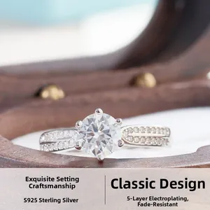 Macro shot of S925 sterling silver six-prong moissanite ring with 5-layer plating finish