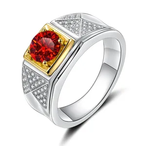 Silver men's ring with central red gemstone and gold-tone geometric diamond accents