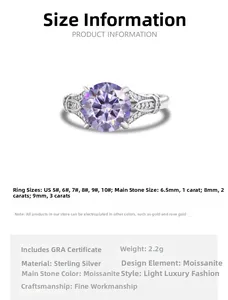 Tabella taglie dettagliata per anello in argento S925 con specifiche della moissanite