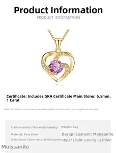 Detail of 1ct pink moissanite heart necklace in s925 silver with product specifications
