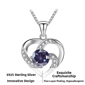 Detailed shot of S925 sterling silver heart necklace with purple stone and 5-layer plating