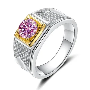Two-tone 925 sterling silver ring with square gold base and large round pink gemstone