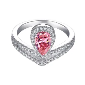 Exquisite S925 silver V-shaped ring with pear-cut pink moissanite and halo diamond setting