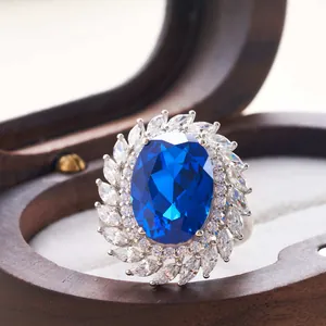 Königsblau Oval Cluster Ring 925 Sterlingsilber 18 Karat Weißgold Vergoldet Luxus Zirkonia Blumenring Für Damen Hochzeit