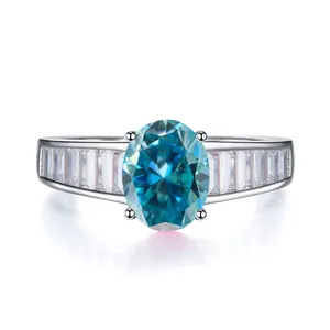 Détail macro de la bague moissanite bleue ovale avec pierres baguette sur anneau argent
