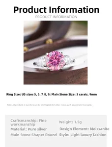 Detail view of a 3ct pink moissanite ring in silver with product specifications table