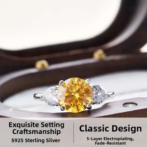 Macro detail of S925 sterling silver ring with yellow round stone and pear-cut side gems