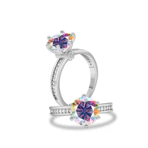 Macro view of S925 sterling silver ring showing precise hallmarking and colorful moissanite