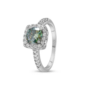 S925 sterling silver ring with princess-cut moissanite and pave diamonds on white background