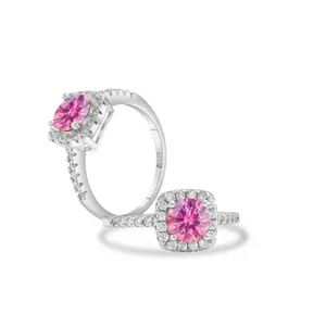 Elegant S925 sterling silver princess ring with pink round gemstone and pavé diamonds