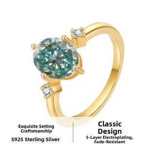 Macro shot of 2ct oval moissanite ring in S925 silver with 18K gold plating