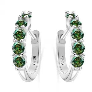 Elegant S925 sterling silver C-shaped hoop earrings with five green moissanite gemstones
