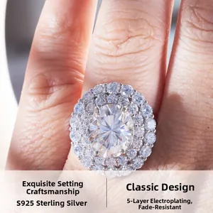 Détail d'une bague en argent S925 avec réglage pavé de moissanite de 10x12 mm