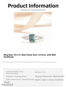 Λεπτομέρεια δαχτυλιδιού moissanite 1ct σμαραγδένιας κοπής σε ασήμι 925 με διαστάσεις