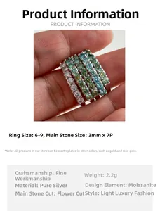 Close-up of five stacked sterling silver rings with 3mm colored moissanite gemstones
