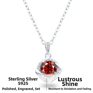 Close-up of S925 sterling silver necklace with a red square windmill moissanite pendant