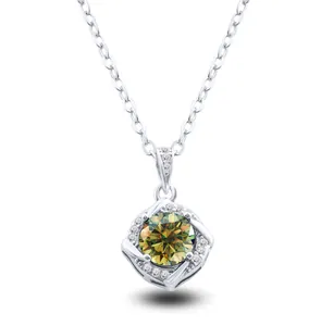 Detail of S925 silver necklace with square twisted pendant and yellow-green moissanite