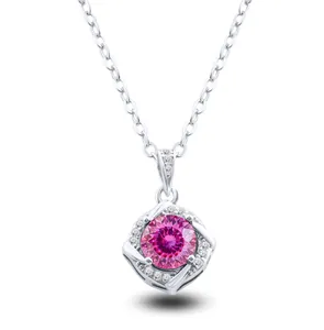 Macro shot of S925 silver necklace featuring a square pendant with a pink gemstone