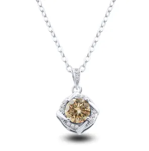 Macro shot of S925 silver necklace with champagne center stone and square halo design