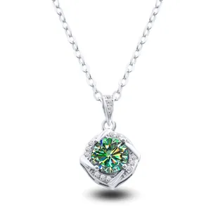 S925 sterling silver necklace featuring a square geometric pendant with green moissanite