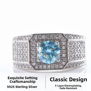 Macro shot of 925 sterling silver ring featuring a large blue moissanite in luxury pavé setting