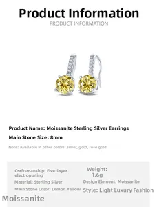 Λεπτομέρειες σκουλαρικιών S925 με κίτρινο moissanite 8mm και ασήμι προδιαγραφές