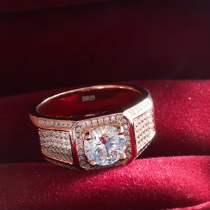 Men's 925 sterling silver moissanite ring in rose gold finish with paved side stones
