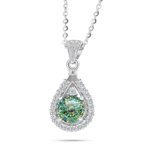 Detailed view of a pear-shaped 925 sterling silver necklace with a moissanite pendant