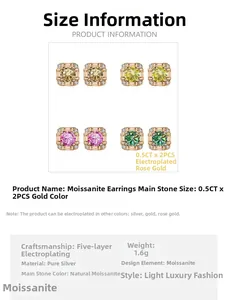 Specifiche tecniche per orecchini a lobo in moissanite da 0,5 ct e argento 925 rosa