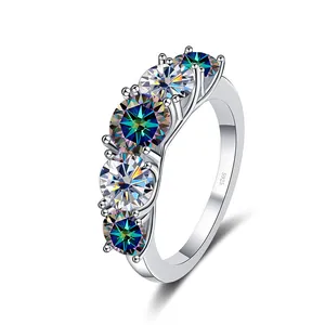 S925 Sterling Silber Ring mit fünf bunten runden Moissanit-Steinen in Krappenfassung