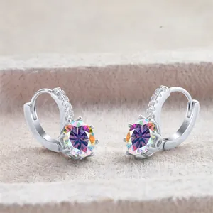 S925 sterling silver hoop earrings with oval rainbow moissanite and micro-pave stones