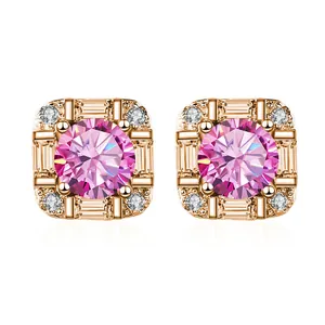 Luxe 925 Sterling Zilver Rozegoud Verguld Vierkante Moissanite Oorknopjes Voor Dames Elegante Halo Sieraden Cadeau