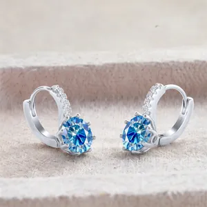 S925 sterling silver hoop earrings featuring 2CT round blue moissanite and pave zircons
