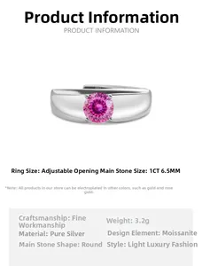 Spécifications détaillées de taille de la bague en argent S925 avec moissanite rose 1ct