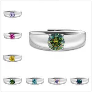 Bague Ouverte Classique en Argent Sterling 925 avec Moissanite Ronde pour Homme Femme Bague Solitaire Réglable Bijoux