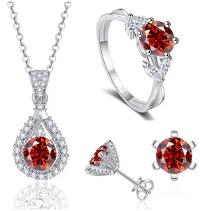 Elegantes 925 Sterling Silber Schmuckset mit roten Edelsteinen und Wassertropfen-Akzenten