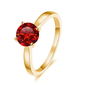 Detailed side view of 2ct red moissanite ring with gold-plated 4-prong setting