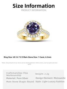 Vue détaillée d'une bague en moissanite violette 1 carat avec anneau en argent doré