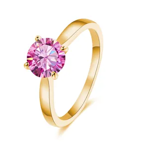Macro view of 2ct pink moissanite ring with gold plated S925 silver four-prong setting