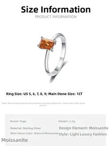 Detailed size specifications for a 1CT emerald cut orange moissanite s925 silver ring