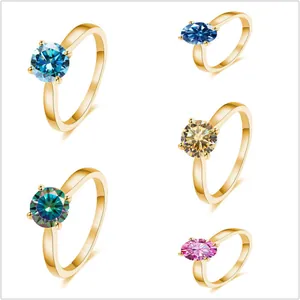 Gold Plated 925 Sterling Silver Moissanite Ring Round Brilliant Cut 4-Claw Solitaire Engagement Wedding Jewelry For Women
