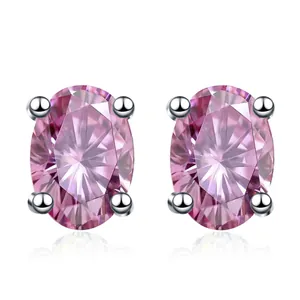 Pendientes de moissanita rosa en forma de huevo en plata 925 con engaste de cuatro garras