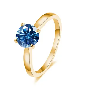 Classic gold-plated S925 silver ring featuring a 2ct blue round cut moissanite stone