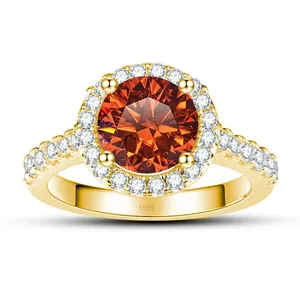 Close-up of S925 hallmark on silver ring with round halo orange gemstone and diamonds