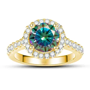 Macro detail of S925 sterling silver ring with colorful moissanite stone and side diamonds