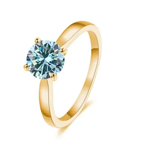 2ct blue moissanite ring in gold S925 sterling silver with classic four-prong setting