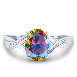 Bague en argent 925 avec pierre ovale arc-en-ciel et anneau torsadé en diamant