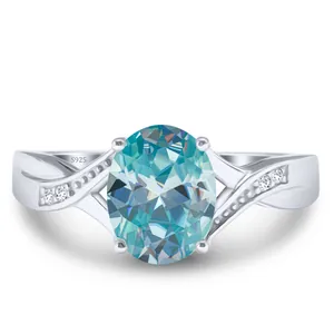 Bague en argent 925 avec moissanite ovale bleu-vert et anneau croisé élégant